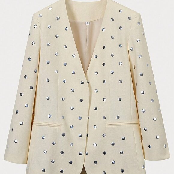 Beige Casual Women's Rivet Decoration Long Sleeve Blazer Coat - Picture 6 of 11